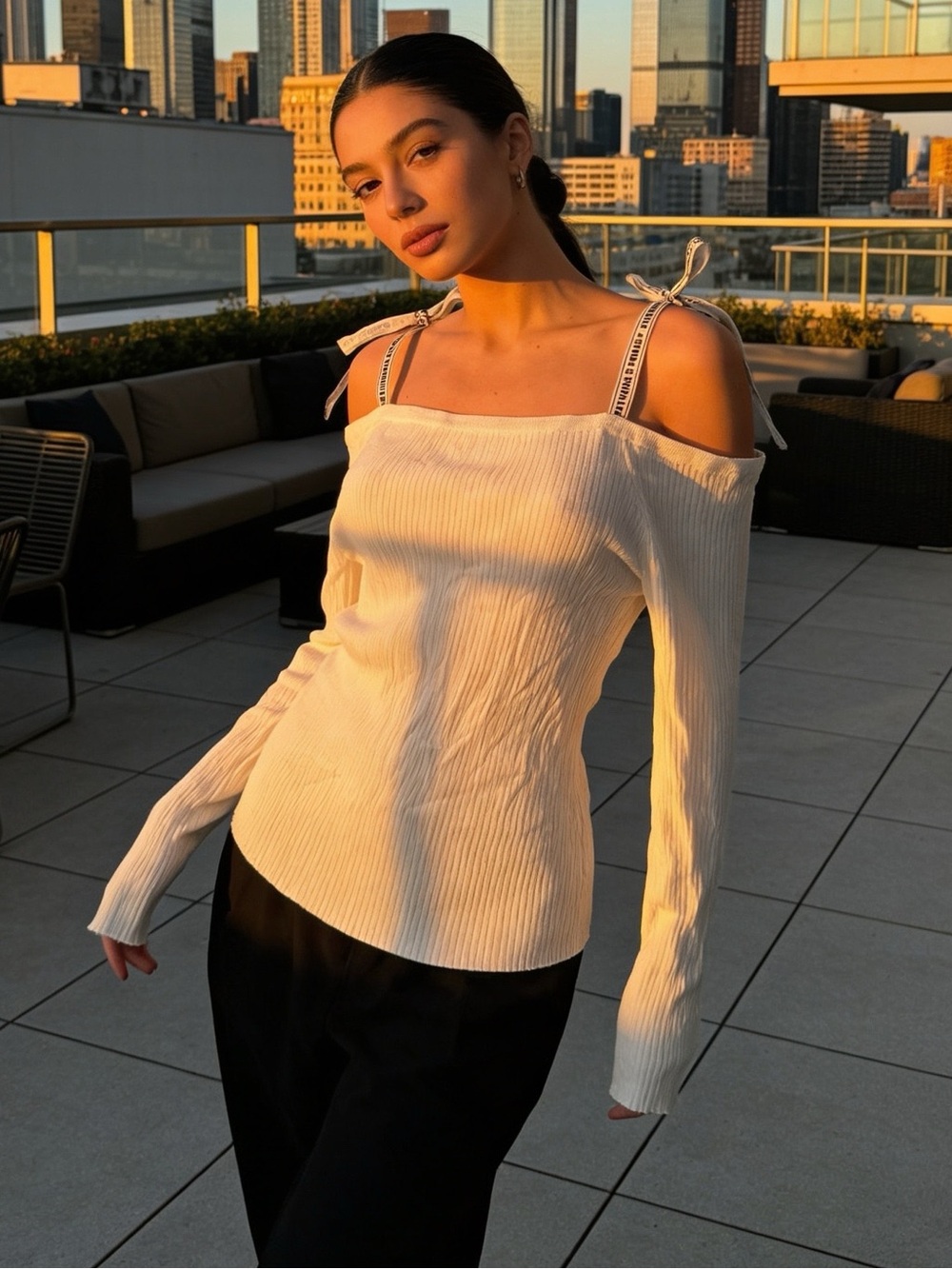 NWT Sugar + Lips Ribbed Off Shoulder Tie Strap Top Cream Size M